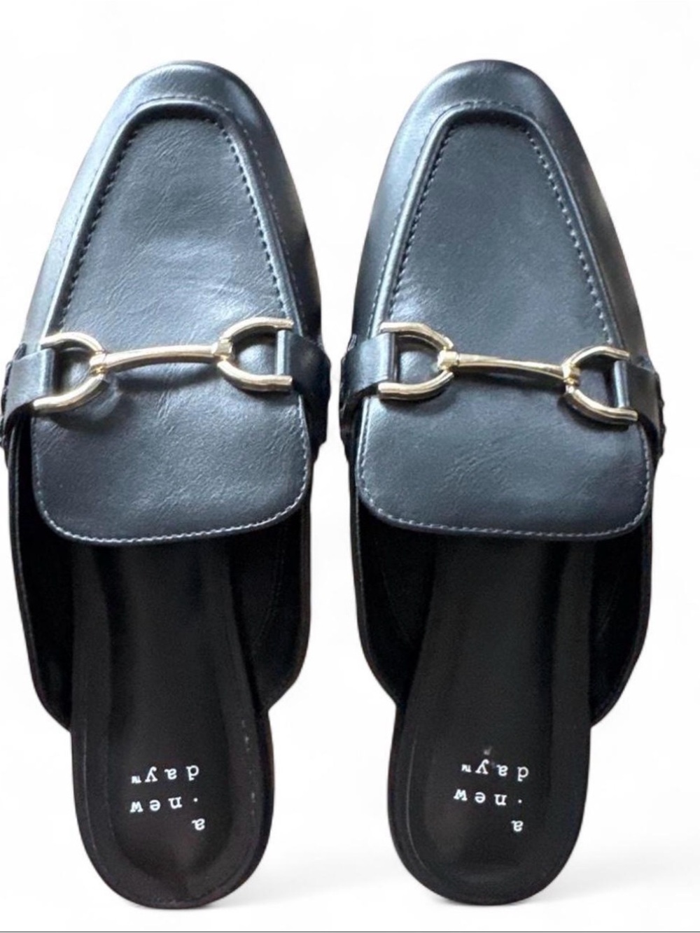 a new day Black Leather Mule Loafers with Gold Horsebit